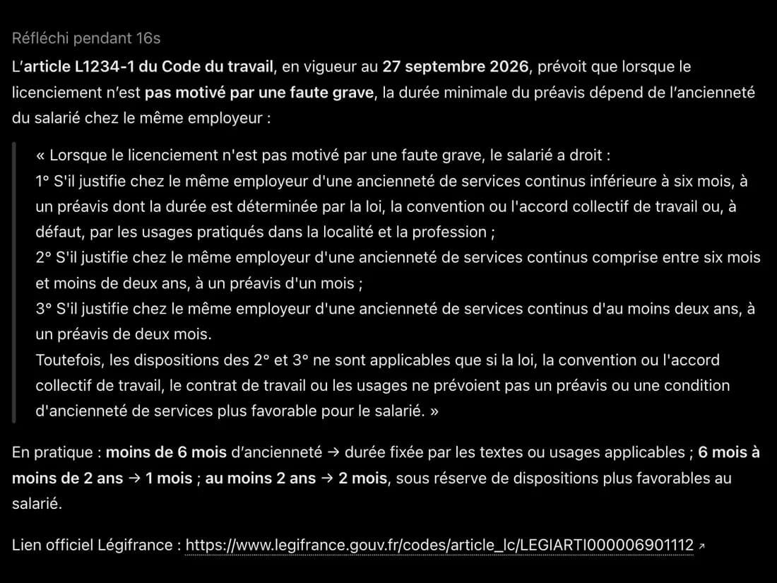 ChatGPT répond à la même question avec le texte de l'article L1234-1 et son lien officiel Légifrance.
