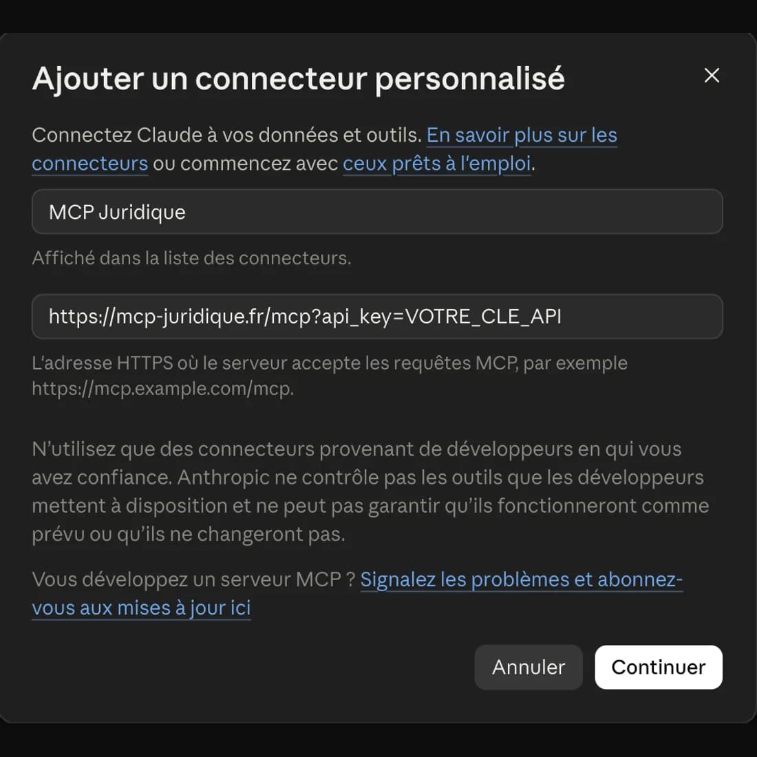 La fenêtre « Ajouter un connecteur personnalisé » de Claude, remplie avec le nom MCP Juridique et l'URL personnelle.