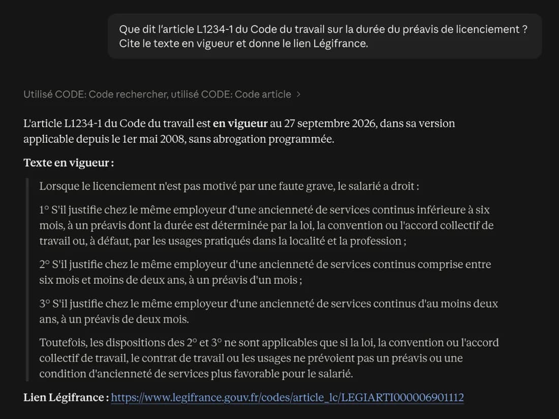 Claude répond sur l'article L1234-1 du Code du travail après avoir appelé les outils CODE de MCP Juridique : texte en vigueur et lien Légifrance.